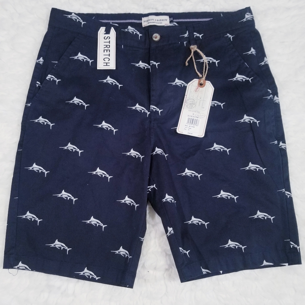 Hudson & Barrow navy blue fish print shorts. 34 - Picture 1 of 14